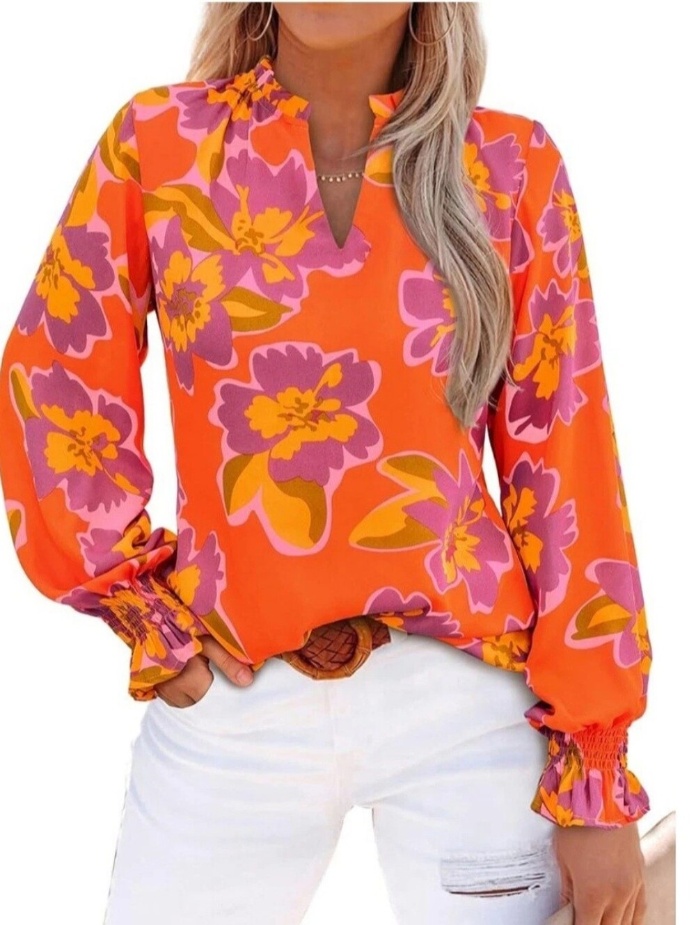 Mascomoda Top Orange  & Purple  Floral Blouse Large  V Neck |Smocked Cuffs Lined